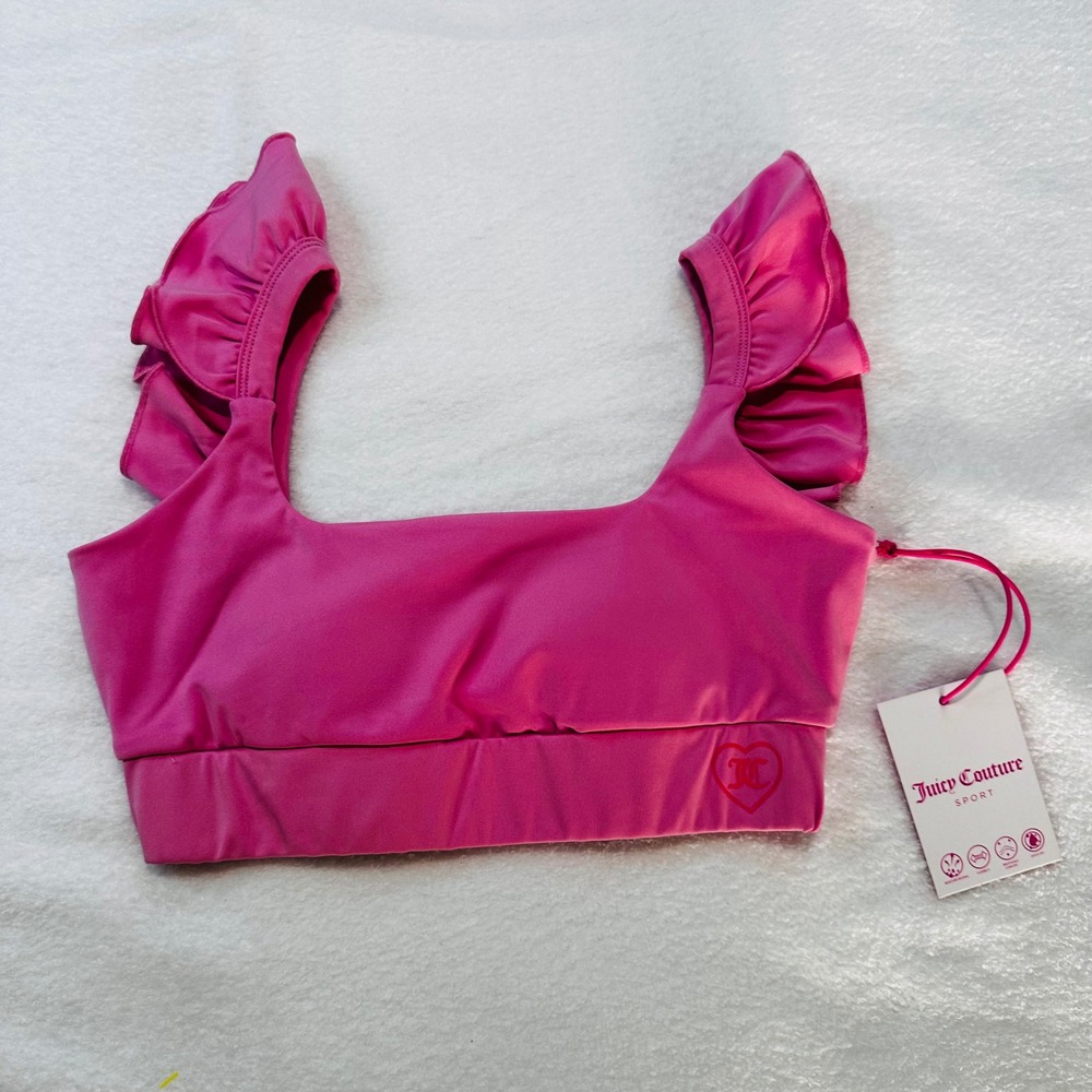 Juicy Couture Sport Ruffle Strap Sports Bra Pop Pink Heart Logo JC235 Small NWT